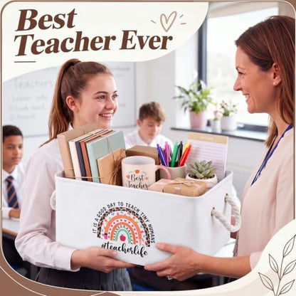Marsui 1 Pcs Teacher Gift Basket Foldable Linen Storage Basket with Handles - color: White, size: Teacher