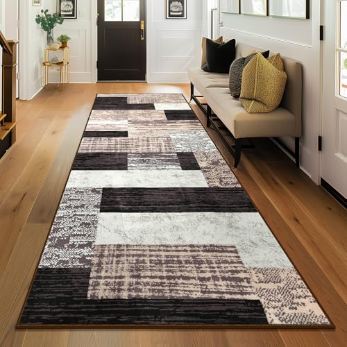 Indoor Washable Runner Rug with Rubber Backing, Modern Geometric Patchwork - color: Chocolate, size: 2' x 6' (Rectangular)
