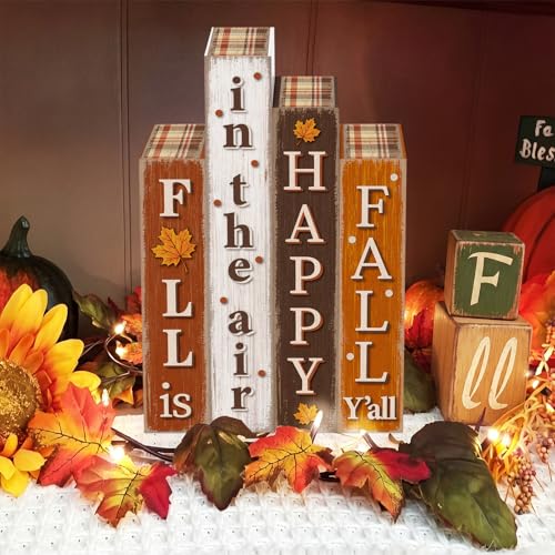 Xuhal 4 Pcs Wooden Fall Decorations Rustic Farmhouse Book Stack for Home - style: Fall