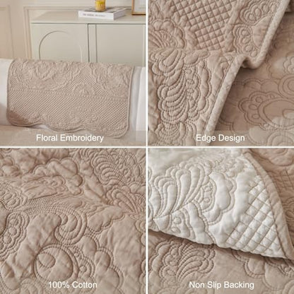 vctops Boho Cotton Quilted Couch Cover Soft Embroidered Sofa Cover Non-Slip Dog Bed Cover Scalloped Sofa Slipcover Washable Furniture Protector Cover (Khaki,28"x70") - color: Khaki, size: 1pc/28"x70"/Rectangular