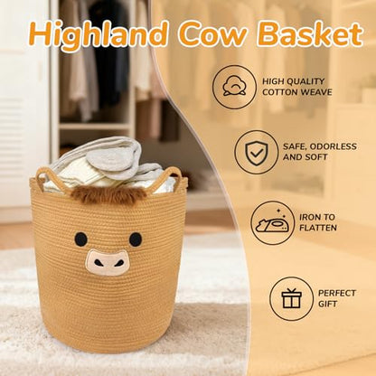 Highland Cute Cow Basket for Nursery,Tall Large Laundry Blanket Gift Basket - color: Brown, size: 15"D ×18 "H