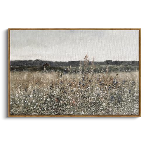 InSimSea Framed Canvas Wall Art Vintage Decor, Landscape Wall Art, Meadow with Flowers Art, Modern Farmhouse Decor, Cottagecore Bedroom Bathroom Office Decorations, 24"x36" - color: Champ Fleuri, size: 36"L x 24"W