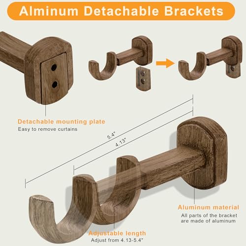 1-1/8 Inch Diameter Wood Curtain Rods for Windows 120 to 240 inch - Adjustable Seamless Aluminum Bracket - Heavy-Duty Boho Curtain Rods with Seaweed Finial - Dark Brown Wood Grain - color: Dark Brown Wood Grain, size: 120-240"