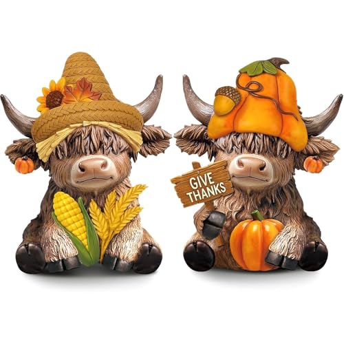 Karenhi 2 Pcs Highland Cow Figurines Resin Tabletop Decor Statues - style: Thanksgiving Day