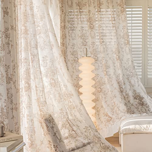 SUOUO Coffee Brown Toile Floral Semi Sheer Curtains 84 Inches 2 Panels - color: Coffee-t, size: 52"W x 84"L (Pack of 2)
