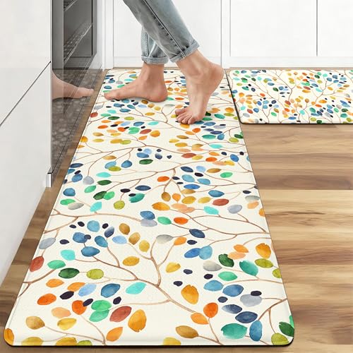 Kitchen Rugs for Floor 2 Pcs Memory Foam Padded Anti Fatigue Kitchen Mat - color: Colorful Leaves