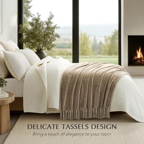 EverGrace Chenille Knit Throw Blanket for Couch, 60"x80", Beige - color: Beige, size: 60"x80"