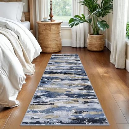 Abstract Washable 2x6 Runner Rug Non Slip Runners for Hallway - color: Navy / Blue / Taupe, size: 2' x 6' (Runner)