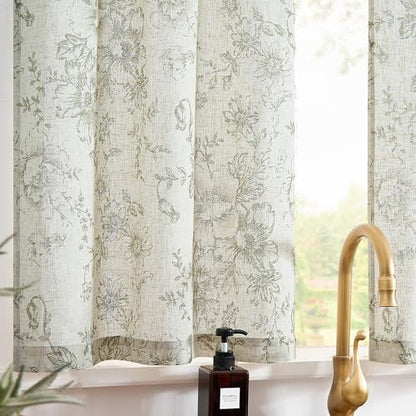 jinchan Green Floral Linen Kitchen Tier Curtains and Valance Set 3 Pieces - color: Alice | Green on Linen, size: 26"W x 24"L (Pack of 3)