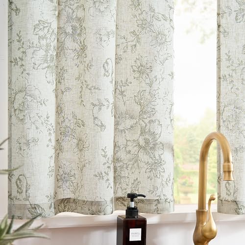 jinchan Green Floral Linen Kitchen Tier Curtains and Valance Set 3 Pieces - color: Alice | Green on Linen, size: 26"W x 36"L (Pack of 3)