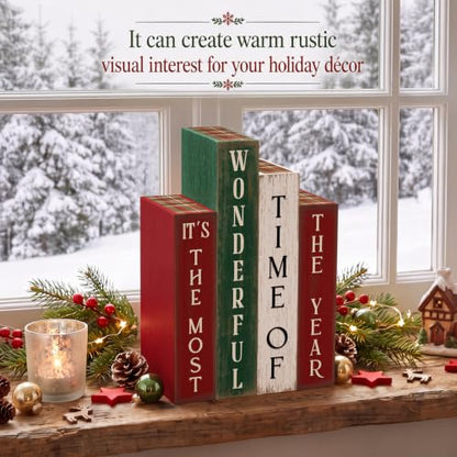 Xuhal 4 Pcs Christmas Table Decor, Rustic Wooden Christmas Xmas Books Signs - style: Christmas