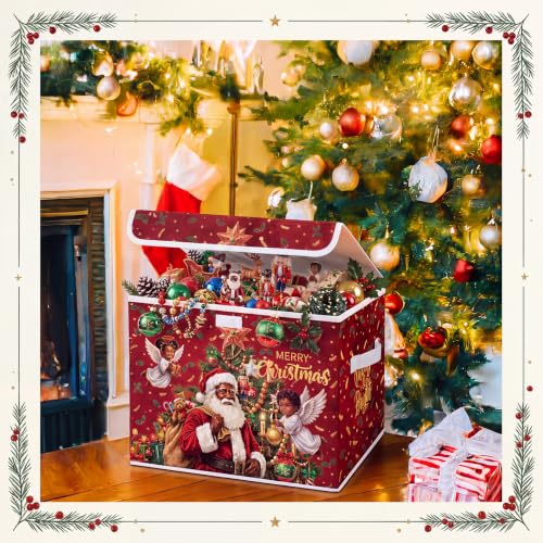 Briwooody Black Christmas Santa Claus Storage Bin with Lid and Carrying Handle African American Christmas Storage Box Large Xmas Decorative Collapsible Container Basket for Organizing Closet Home Gift - style: Black Santa Claus