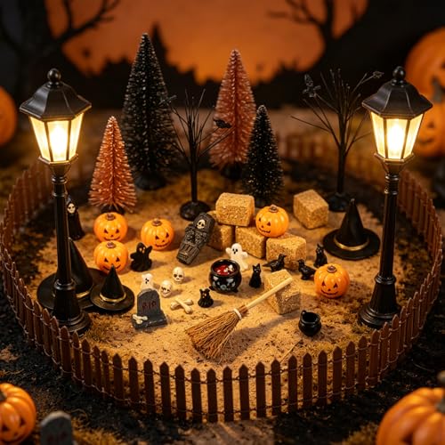 39 PCS Halloween Village Miniature Decorations Mini Halloween Figurines Tiny Resin Spooky Miniature Include Trees Tombstones Pumpkins Ghosts Witch Hats Ravens Fence for Table Haunted House Party Decor - color: Halloween Ghosts