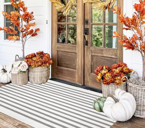 Washable 3'x5'Outdoor Rug,Grey and White Striped Front Porch Rug - color: Grey Striped, size: 3' x 5' (Rectangular)