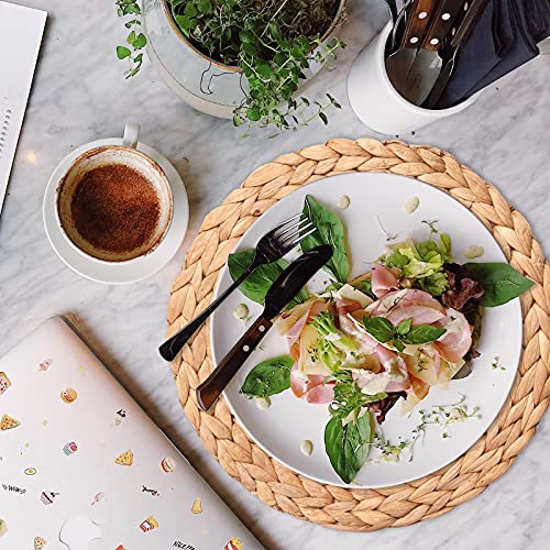 6 Pack 13.8" Woven Placemats, Natural Hand-Woven Water Hyacinth Placemats, Round Braided Rattan Tablemats for Dining Table, Large Weave Round Place Mats Heat Resistant Non-Slip Table Mats, 13.8 Inch - size: 13.8 inch (35cm)