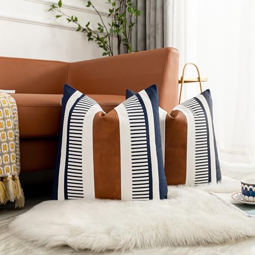 Pack of 2 Farmhouse Decorative Throw Pillow Covers for Couch Sofa Faux Leather and Cotton Patchwork Pillow Cover Boho Stripe Accent Cushion Cover 18 x 18 Inch, Navy Blue - color: Navy Blue, size: 18" x 18" (Pack of 2)