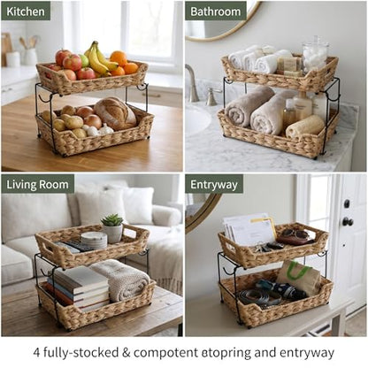 2-Tier Round Faux Rattan Wicker Storage Basket with Metal Frame, Countertop Organizer Shelf for Kitchen, Bathroom, Pantry (Corner)