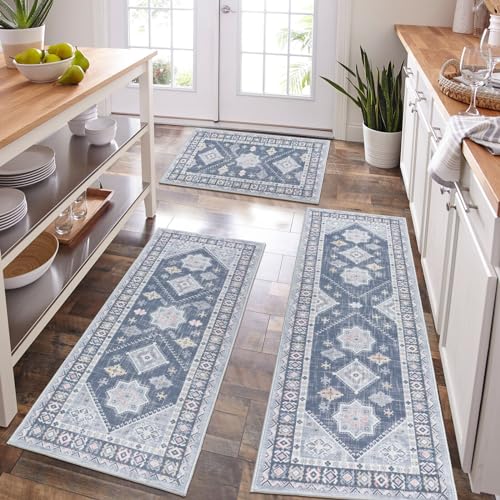 HEBE Boho Kitchen Rugs Set of 3, Non Slip Washable Kitchen Mats for Floor - color: Ash Blue, size: 20"x32"+20"x48"+20"x59"