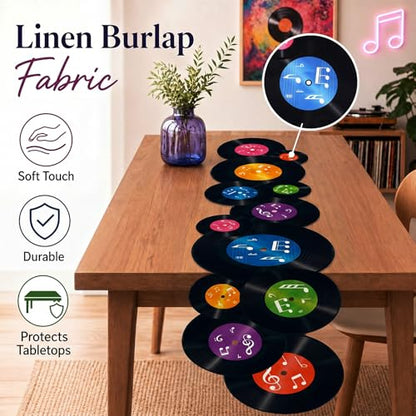 Preboun 50's Sock Hop Vinyl Records Party Decorations Linen Table Runner - style: Vinyl Records