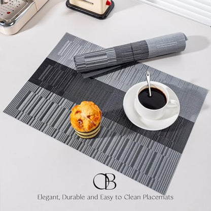 Placemats Set of 6 - Easy Clean Woven Vinyl Placemats for Dining Table, Indoor/Outdoor Place Mats, Washable PVC Table Mats （Silver Gray Black） - color: D-silver Gray Black