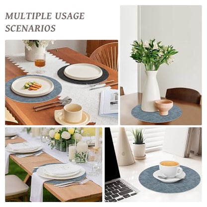 NCUE 13" Faux Leather Round Placemats Set of 4, Reversible Dual-Color - color: Deep Gray Light Blue