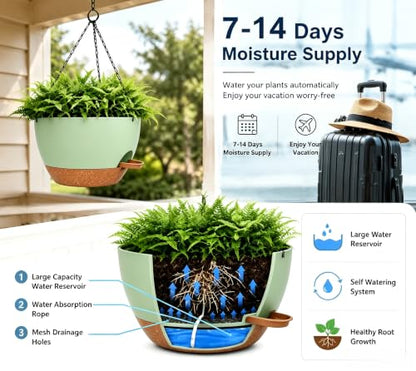 12" Self Watering Hanging Planters with Chains, Green Brown，2 Pack - color: Green Brown, size: 2 pack 12 inches