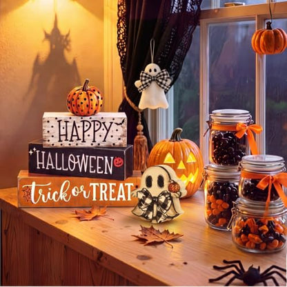Amyhill 4 Pcs Halloween Table Decor Wooden Boo Table Sign Tiered Tray - style: Boo