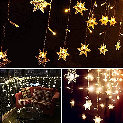 String Lights LED Curtain Light, 96 LED Fairy Hanging String Lights Waterproof Christmas Snowflake Lights with Wireless Control for Outside Indoor Bedroom Party Fence Patio - Warm White - color: White