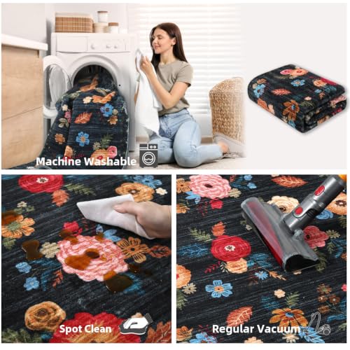 Washable Kitchen Rugs Non Slip: 2x6 Hallway Runner Rug Soft Carpet Runners - color: Black Floral, size: 2' x 6' (Rectangular)