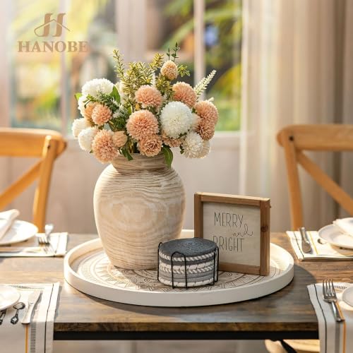 Hanobe Solid Wood Vase for Dried Flowers, 9" Decorative Table Vase