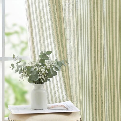 jinchan Linen Curtains 84 Inch Sage Green Stripe on Linen Grommet 2 Panels - color: Sage Green on Linen, size: 50"W x 84"L (Pack of 2)