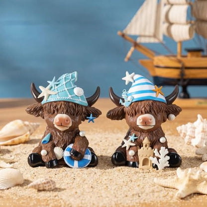 Karenhi 2 Pcs Beach Highland Cow Figurines, Ocean Resin Statues - style: Ocean