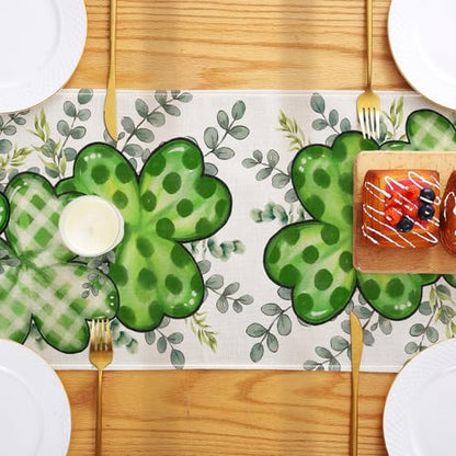 ONFAON St Patrick's Day Table Runner Decorations Shamrock Eucalyptus Heart Seasonal Spring Kitchen Dining Table Decoration for Home Party Decor 13x72 Inch - size: St Patricks 01