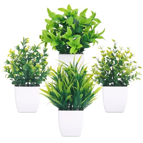 CEWOR Fake Plants 4 Packs Small Artificial Mini Plants Potted Bathroom Accessories Decorations for Desk Office Farmhouse Kitchen Table Decor Indoor - color: White1