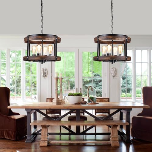 4-Light Large Rustic Farmhouse Plug in Pendant Light Fixture with Adjustable Chain, Dimmable Switch, 16.5 inch Oak Wood Drum Hanging Lamp for Dining Room Living Room Farmhouse Entry, Black - size: Large hanging lamp 1 pack