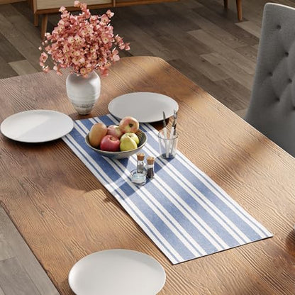 Encasa XO Table Runner, Woven Cotton Dining Linens 13"x36" Blue - color: Franca Blue Stripes, size: 13x36 in