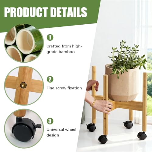 Adjustable Wooden Plant Stand with Wheels 3 Height Adjustment Fits 11.81inch Pots Mid Century Modern Outdoor & Indoor Planter Holder for Home Corner (Plants Not Included) L