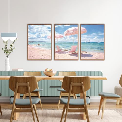 KAlRNE Pink Coastal Framed Art Prints Ocean Canvas Wall Art Set-24’’X36’’X3 - color: Pink Beach, size: 24"Lx36"W