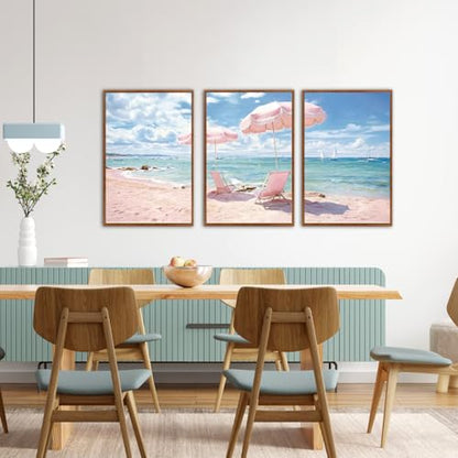 KAlRNE Pink Coastal Framed Art Prints Ocean Canvas Wall Art Set-24’’X36’’X3 - color: Pink Beach, size: 24"Lx36"W