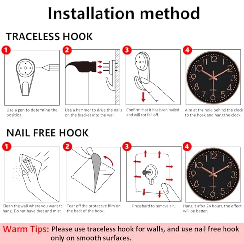 Modern Silent Wall Clock - 12 Inch Wall Clocks Battery Operated Large Number, Non-Ticking Analog Clock with Tempered Glass Quartz Clocks for Living Room Bedroom Office Kitchen, Black Rose Gold - color: Black Rose Gold, size: 12 Inch