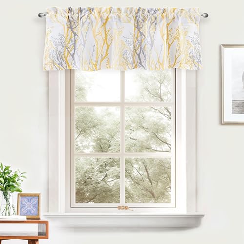 DriftAway Tree Branch Lined Valance Double Layer Blackout Thermal Insulated Abstract Ink Printing Window Curtain Valance Rod Pocket 52 Inch by 14 Inch Plus 2 Inch Header Yellow 1 Pack - color: Yellow, size: 52"W x 14"L (Pack of 1)