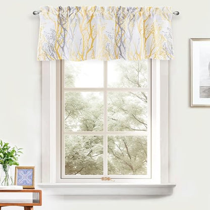 DriftAway Tree Branch Lined Valance Double Layer Blackout Thermal Insulated Abstract Ink Printing Window Curtain Valance Rod Pocket 52 Inch by 14 Inch Plus 2 Inch Header Yellow 1 Pack - color: Yellow, size: 52"W x 14"L (Pack of 1)