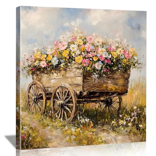 LJXDUBAF Vintage Floral Canvas Wall Art,Rustic Meadow with Flowers Landscape Framed Poster, Farmhouse Style Artwork for Living Room Bedroom Bathroom Kitchen Decor (Flower 01, 24L×24W) - color: Flower 01, size: 24L"×24W"