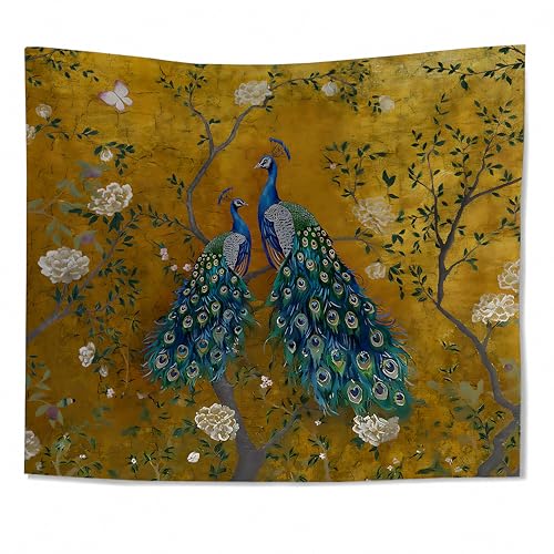 WDSFHYJK Chinoiserie Floral Peacock Tapestry Wall Hanging, Golden Cottagecore Flower Botanical Peacock Wall Tapestry Backdrop for Bedroom Living Room Home Decor, 50x60 Inch - color: Many colors-Floral Peacock