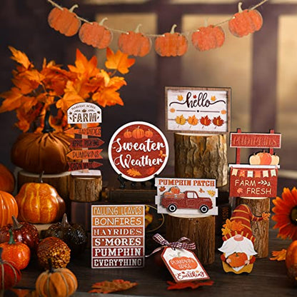 13 Pcs Fall Thanksgiving Tiered Tray Decor Pumpkin Maple Gnome Wooden Signs