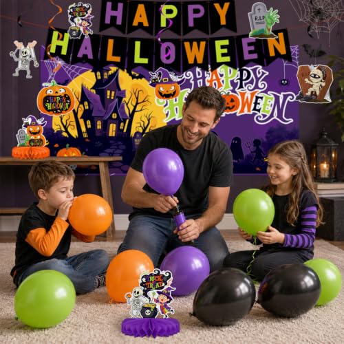 Halloween Decorations Kit, Happy Halloween Banner, Circle Confetti Dots, Hanging Swirl Streamers, Honeycomb Centerpiece and Balloons, Halloween Party Supplies - style: Halloween