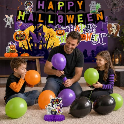 Halloween Decorations Kit, Happy Halloween Banner, Circle Confetti Dots, Hanging Swirl Streamers, Honeycomb Centerpiece and Balloons, Halloween Party Supplies - style: Halloween