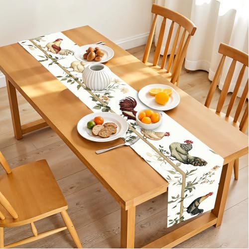 Farmhouse Chicken Table Runner with Floral Design – 13x72 Inch Country Rooster Dining Table Decor, Rustic Linen-Look Runner for Kitchen, Farmhouse Style, Spring & Everyday Use - color: 10