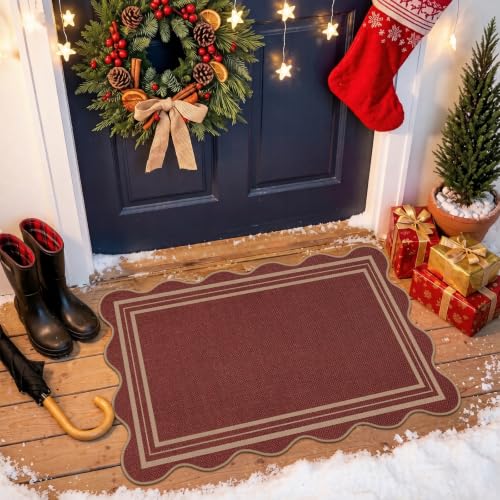 Easy Jute Christmas Outdoor Mats for Front Door, 2x3 Small Washable Kitchen Rugs, Farmhouse Red Throw Rug Non Slip Indoor Outdoor Carpet for Porch Entryway Foyer - color: Red Geometric, size: 2'x3' (Rectangular)