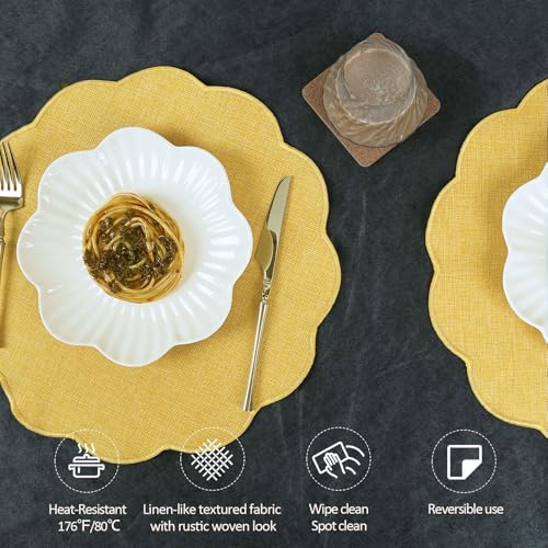 AHHFSMEI Round Scalloped Placemats Set of 6 15 Inch Faux Linen - color: Yellow